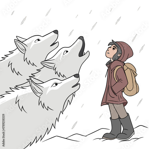 A young traveler encounters howling wolves in the snowy wilderness