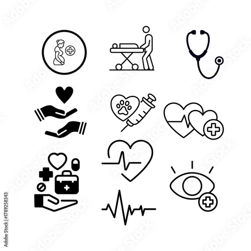 Medical and health care icons set representing hospital, doctor, stethoscope, medicine, heart, and wellness concepts.