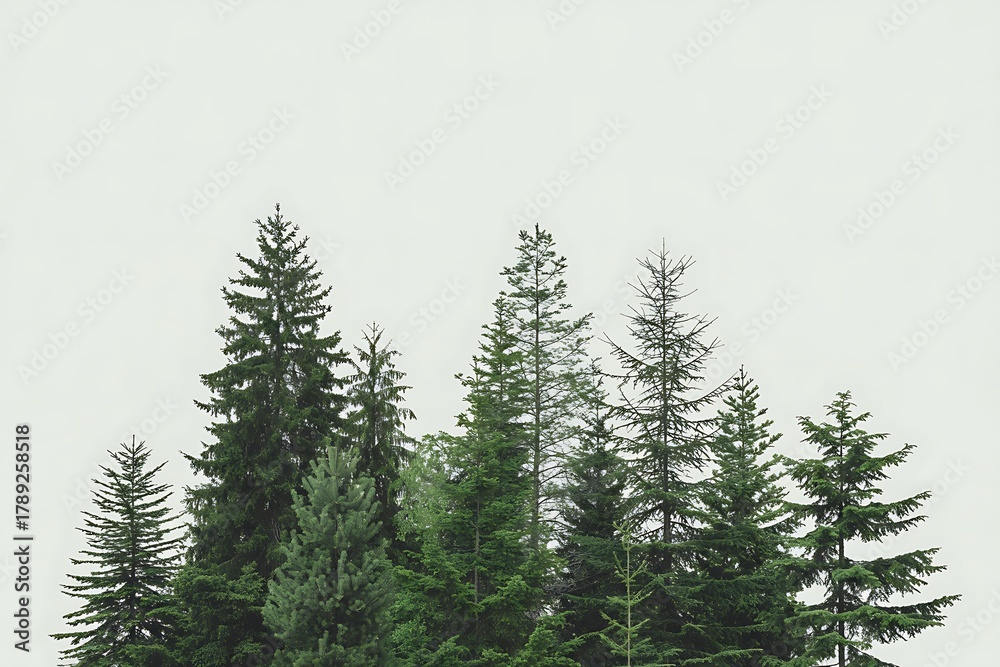 Fototapeta premium A dense cluster of various evergreen trees against a bright white sky forest nature