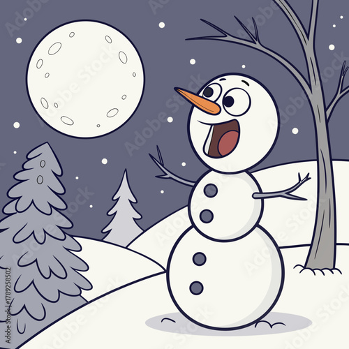 Happy snowman under the moonlight, a joyful winter scene with a cheerful character