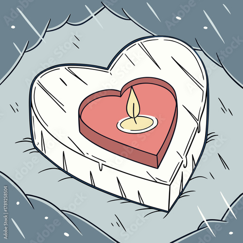 Heart shaped candle on a snowy surface, symbolizing love and warmth in the cold winter