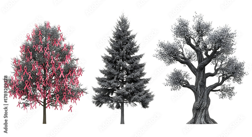 Fototapeta premium Three distinct trees rendered in a monochromatic style with one tree featuring vibrant red foliage against a dark background
