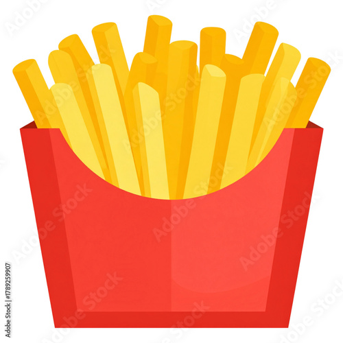 A cartoon-style box of crispy golden french fries in a red container.