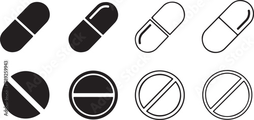 Black and white capsule and tablet icons pill medical