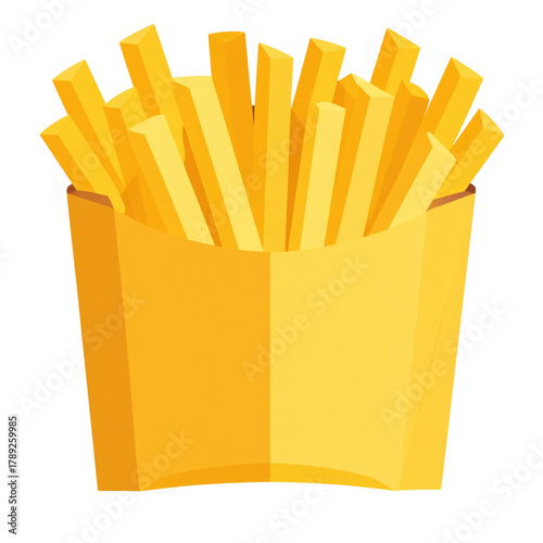 A cartoon-style box of crispy golden french fries in a yellow container.