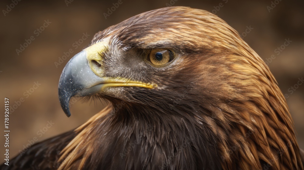 Fototapeta premium Golden Eagle flying with spread wings against dark background