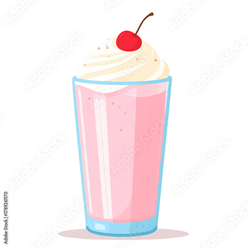 Delicious pink milkshake in a glass with whipped cream and a cherry on top.