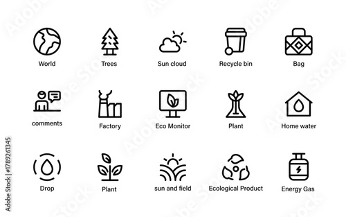 Eco Energy and Sustainability Icons Collection. Renewable Power, Green Technology, Nature, and Environmental Solutions.
