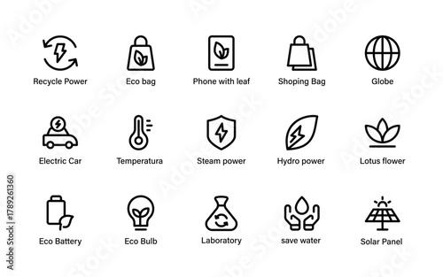 Eco Energy and Sustainability Icons Collection. Renewable Power, Green Technology, Nature, and Environmental Solutions.