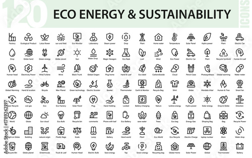 Eco Energy and Sustainability Icons Collection. Renewable Power, Green Technology, Nature, and Environmental Solutions.