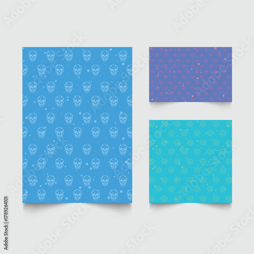 Set of patterns or backgrounds with dia de muertos elements such as pan de muerto, cempasuchil, portrait, etc. 