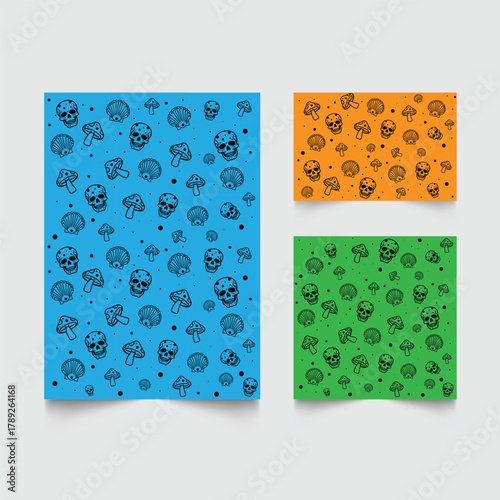 Set of patterns or backgrounds with dia de muertos elements such as pan de muerto, cempasuchil, portrait, etc. 