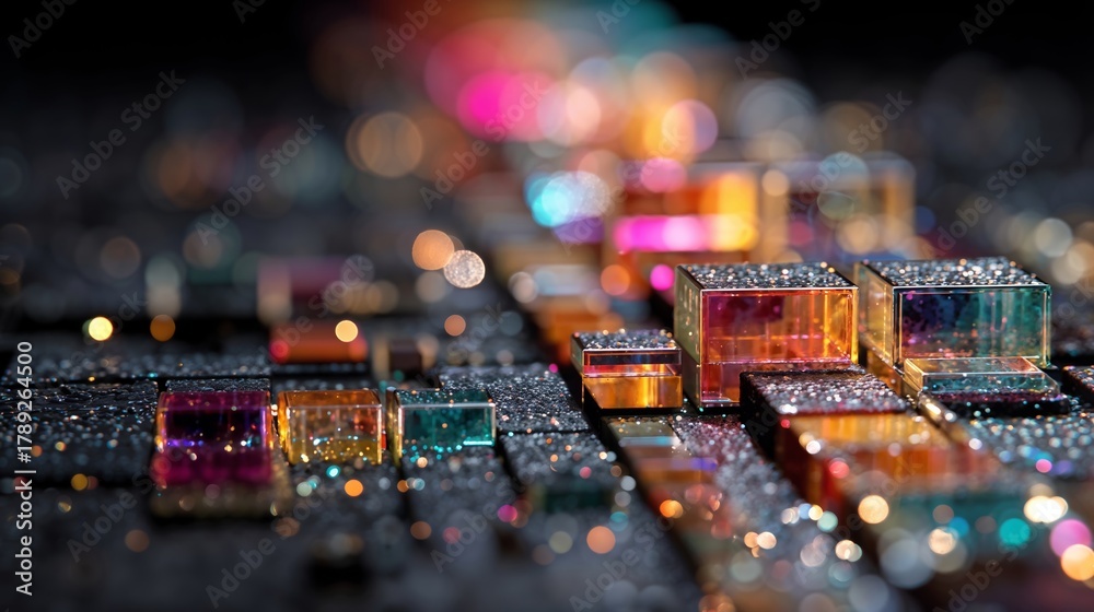 Obraz premium Colorful Glass Cubes on Sparkly Surface With Bokeh Lights and Glitter