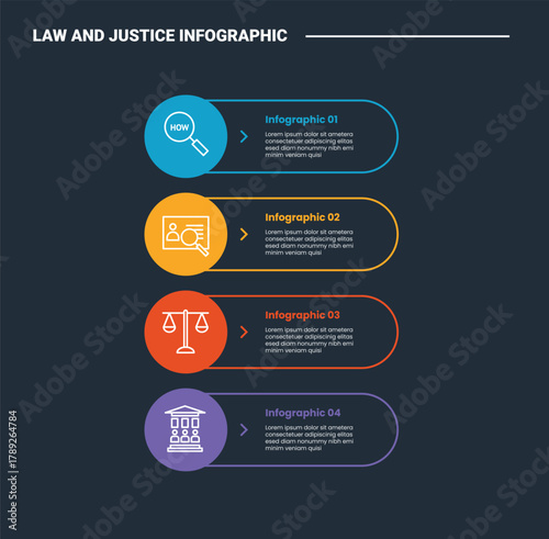 Law and justice infographic process diagram with round rectangle with circle edge on stacked list vertical with dark background bright outline style 4 points