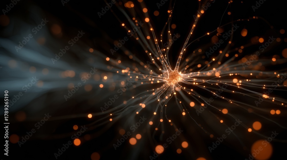 Naklejka premium Glowing Neuron Network With Radiating Dendrites in Dark Abstract Space Illustration