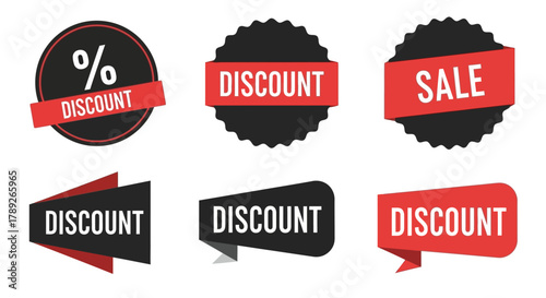 Deals and Discounts: A set of six unique badges and labels are designed in red and black, each showcasing a different concept to represent various offers