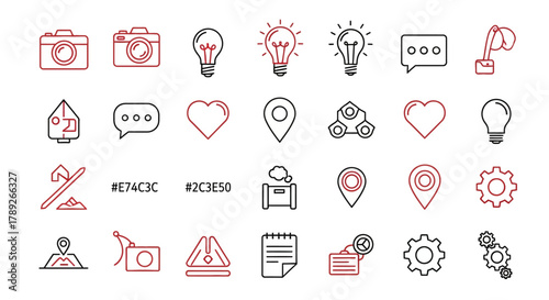 Icons of Creativity and Innovation: A vibrant set of icons, representing essential elements of innovation and creation, set against a simple backdrop. Each icon, from camera to light bulb.