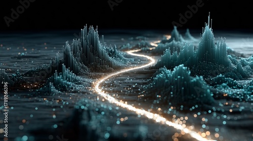 Dynamic 3D Data Visualization Of Financial Growth Along A Glowing Path Across Peaks