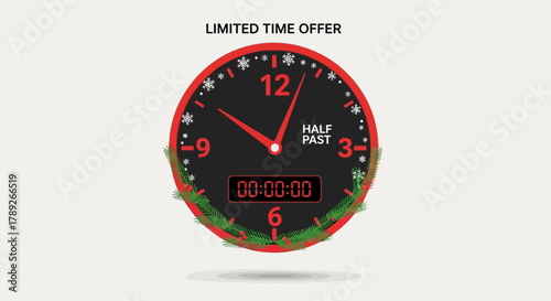 Time's Festive Deal: A Christmas-themed clock dial announces a limited-time offer, the red elements and festive motifs against a dark background, the clock hands nearing the halfway point.