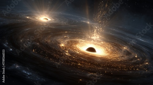 Two Black Holes Glowing Accretion Disks Dramatic Space Scene Galaxy