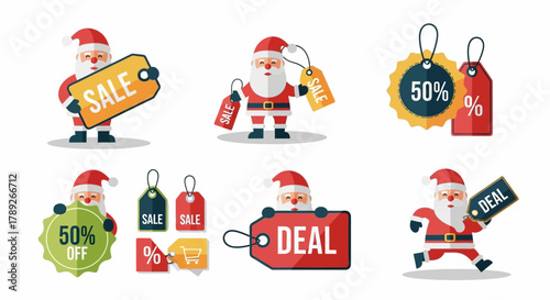 Santa's Christmas Deals & Offers: A collection of Santa Claus characters presenting promotional tags, offers, and sale signs for festive seasonal retail during holiday seasons.