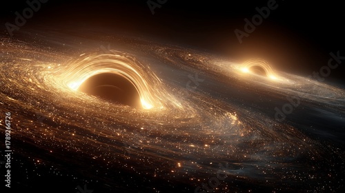 Two Black Holes Swirl in Space With Golden Accretion Disks and Light Trails