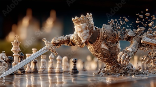 Cinematic Humanoid King Chess Piece Fending Off Attack With Sword On Board