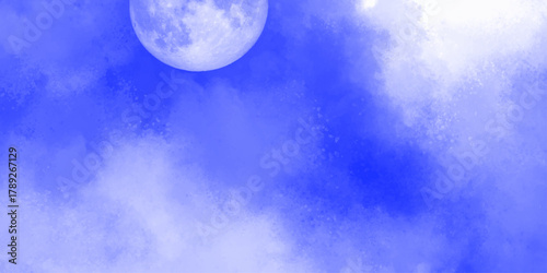 Blue sky with clouds and moon, natural background. The moon in the disturbing night sky. Blue storm clouds. Mystical Night sky background with full moon, clouds .