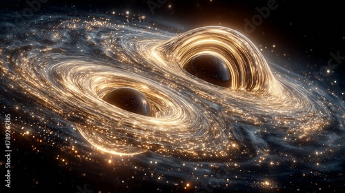 Dramatic Sci-Fi Space Scene Featuring Two Black Holes With Golden Accretion