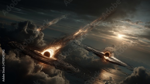 Two Black Holes Collide in Dramatic Cinematic Space Scene with Bright Accretion Disks and Sparks