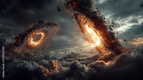 Two Cosmic Rings Exploding Over Cloudscape in Dramatic Sci-Fi Scene