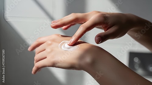 Close-up of Woman's Hands Applying White Moisturizing Cream for Skincare and Hydration