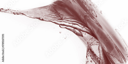 A close-up shot of red wine elegantly pouring into a wine glass, isolated on a white background, Elegant Water Splash with Droplets in a Rose Tinted Hue Creating a Crown Like Shape and a Dynamic.