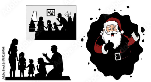 Silhouette Vector Illustration of Family with Children and Santa Claus with Cartoonish Illustration in Black and White for Graphic Projects and Decoration