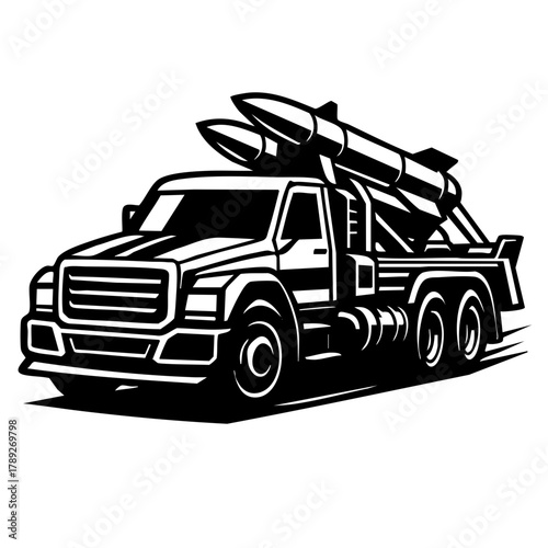 Monochrome vector art of a missile launcher truck repurposed as a drag racer with aerodynamic lines