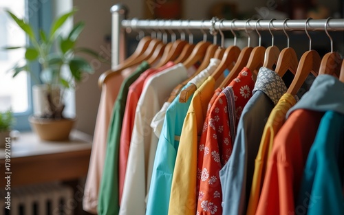 Wallpaper Mural Vintage second hand clothes rail showing colourful vintage clothes on  coat hangers. High quality Torontodigital.ca