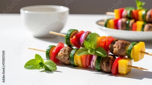 Skewered vegetables meat and mint presented on a light surface