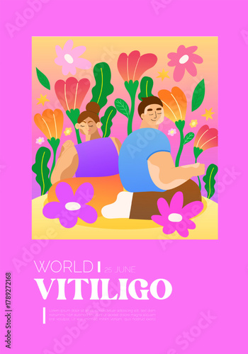 Vitiligo advocacy featuring diverse figures and floral motifs. Vector illustration