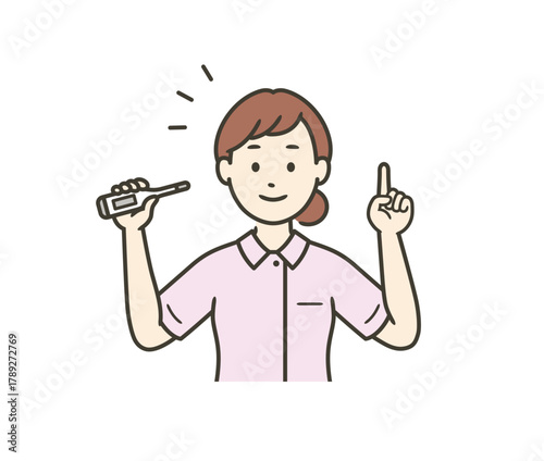 体温計を持ち説明している女性看護師もしくは医療従事者の上半身イラスト