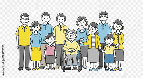 Diverse Intergenerational Group with Elderly in Wheelchair - Community Care Illustration