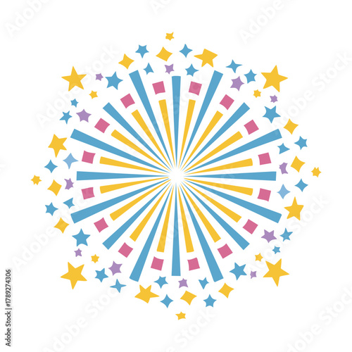 Colorful starburst design with radiating lines and scattered star shapes in yellow, blue, pink, and purple on a white background.