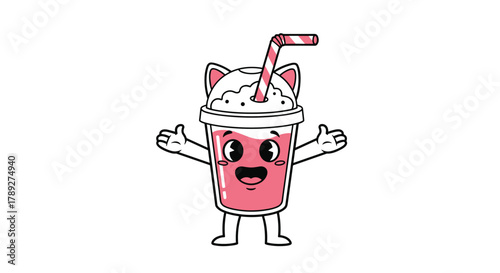 A cute and happy cartoon smoothie character with cat ears and a straw, featuring a pink drink and welcoming open arms, isolated on a white background.