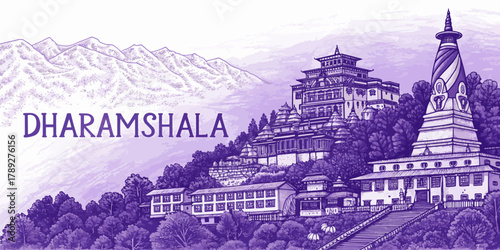 Dharamshala Skyline Sketch with Himachal Culture, Bhagsunag Temple, Cricket Stadium, and Tibetan Monastery – Artistic Line Art for Travel Posters, Wall Decor, and Tourism Design