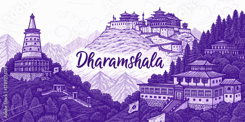 Dharamshala Skyline Sketch with Himachal Culture, Bhagsunag Temple, Cricket Stadium, and Tibetan Monastery – Artistic Line Art for Travel Posters, Wall Decor, and Tourism Design