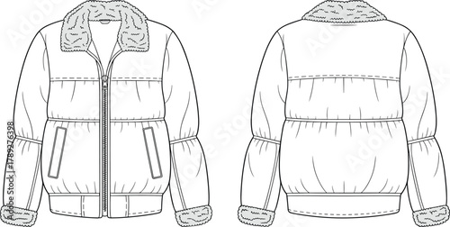 Women’s zip up jacket flat sketch, cad drawing flat vector illustration, fashion technical template with faux fur collar, cuffs garment design