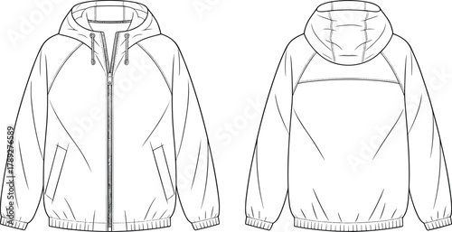 Unisex hooded jacket flat sketch, cad drawing flat vector illustration, fashion technical template with raglan sleeves, zipper closure, elastic hem design