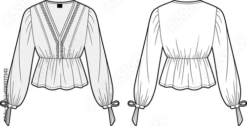 Women’s lace trim blouse flat sketch, cad drawing flat vector illustration, fashion technical template with puff sleeves, scalloped peplum hem design