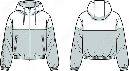 Technical flat sketch hooded jacket, color block outerwear design, garment construction, apparel fashion template, vector CAD drawing, clothing outline illustration