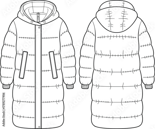 Technical flat sketch padded winter coat, hooded quilted outerwear design, garment construction, apparel template, vector CAD drawing, clothing outline illustration
