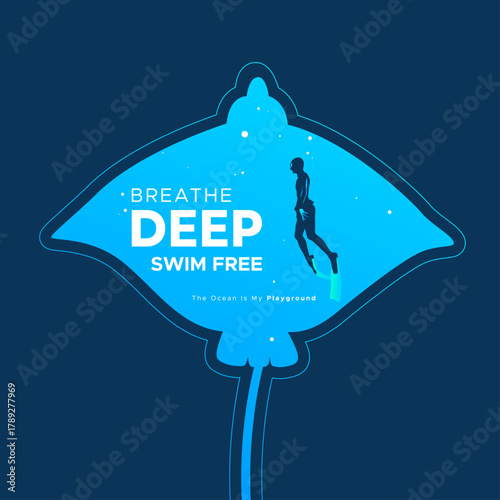 Minimalist ocean illustration featuring a diver swimming freely inside the silhouette of a giant manta ray. The deep blue tone and calming typography express freedom, mindfulness, and a deep connectio